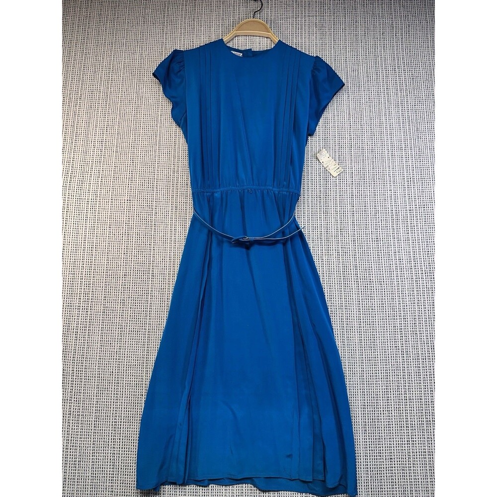 Vintage Maggie London Petites Jeannee Booher 100% Silk Blue Belted Dress 8